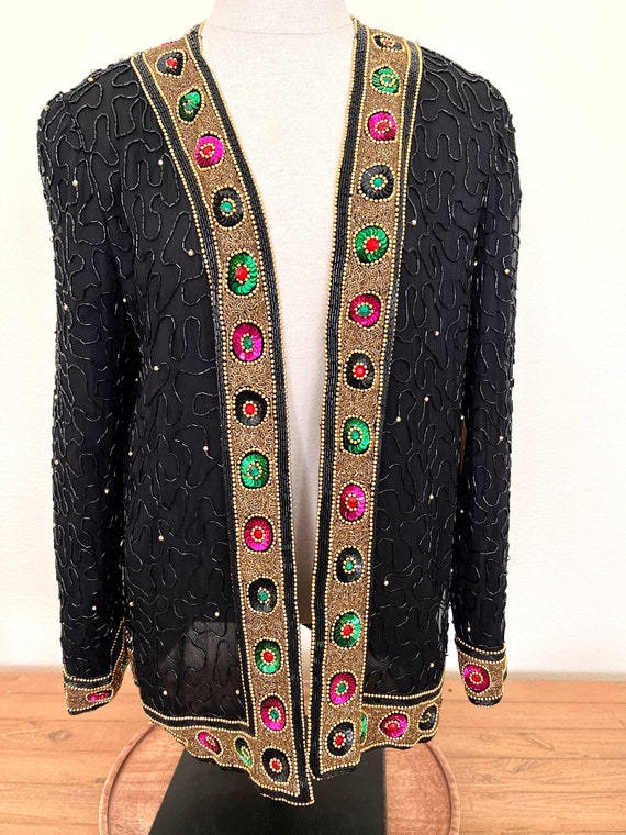 80's Lawrence Kazar- Silk -  Beaded Evening Jacket