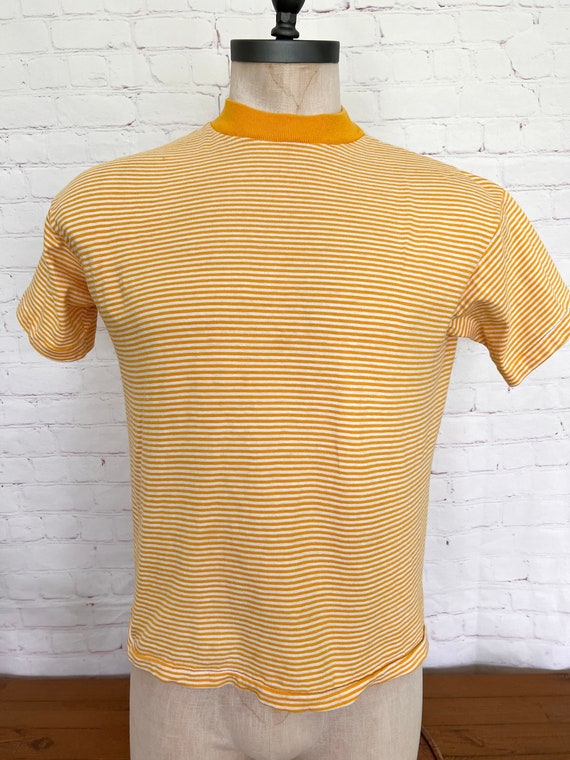 Vintage Adidas T Shirt 3 Stripes Tee Crewneck Yellow Blue Top Trefoil 60s  70s M