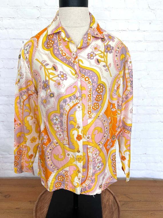 70's Alex Coleman Funky Floral Print Blouse - Size