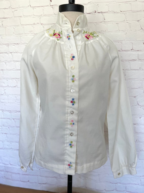 70's Embroidered Off White Blouse - Unique - Size… - image 2