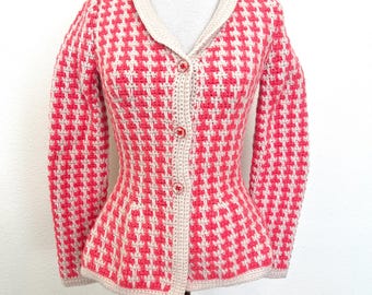 Hand Knit Blazer - Funky Bright Coral Houndstooth Pattern - Size Small