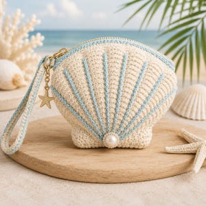 Puede incluir: Un bolso de ganchillo color crema con forma de concha marina y líneas radiantes cosidas en azul claro. El bolso cuenta con una cremallera dorada, una correa de muñeca a juego, un pequeño dije de estrella de mar dorada y una perla blanca.