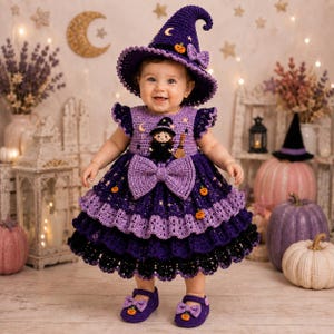 May include: A purple and black crocheted dress featuring a large bow at the waist, ruffled layers, and small pumpkin accents. The outfit includes a matching pointed witch hat with a crescent moon and star design, plus purple crocheted shoes.