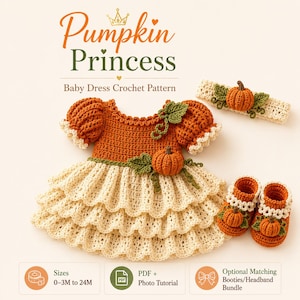 May include: A crochet baby dress pattern titled Pumpkin Princess, featuring a rust-orange bodice and a cream-colored tiered skirt. The set includes a matching headband and booties, each adorned with small crocheted pumpkins and green leaves.