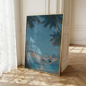 May include: A rectangular wall art print featuring a blue-toned night scene with a character resting in a hammock suspended between two palm trees under a starry sky. The artwork is framed in a thin gold border and displays a serene tropical landscape.