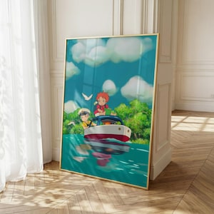 May include: A framed art print featuring a cartoon illustration of a small red and white boat on blue water. Two characters are inside the boat, one with red hair and one wearing a white cap. The background shows green trees and a blue sky with clouds.