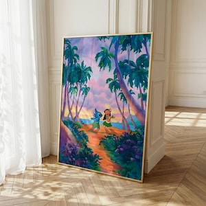 Peut inclure: Une impression d'art murale rectangulaire encadrée représentant une scène tropicale vibrante avec des palmiers, un ciel au coucher du soleil, et les personnages Stitch et Lilo dansant sur un chemin de plage sablonneux entouré de feuillage.