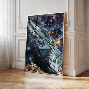 May include: A rectangular wall art print featuring a detailed space scene with the Millennium Falcon flying through a dark blue and purple galaxy. Darth Vader is visible in the background above the ship, with smaller characters gathered at the bottom.