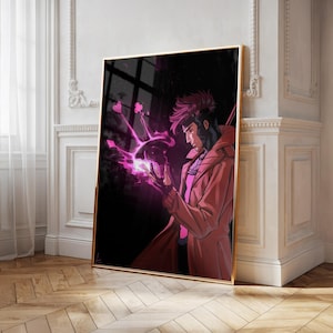 Gambit-affisch, X-Men-väggkonst, Marvel-serietryck, dekoration med rosa energi-superhjälte, affisch för spelrum, present till mutantfan, serietidningskonst för sovrum