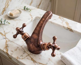 Grifo de baño de cobre envejecido hecho a mano - Grifo de latón con manija en cruz doble - Grifo de tocador vintage