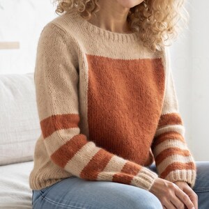 以下が含まれることがあります： ベージュを基調とし、胴体前面に大きな無地の錆色の長方形ブロック、袖の下部に水平な錆色のストライプが入った長袖のニットセーター。セーターにはリブ編みのクルーネックと袖口が施されています。