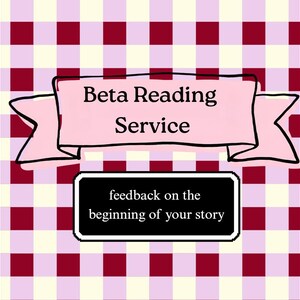 Puede incluir: Un gráfico digital que presenta una pancarta rosa con el texto negro Beta Reading Service y un recuadro rectangular negro debajo con el texto blanco feedback on the beginning of your story, sobre un fondo de cuadros rosa y granate.