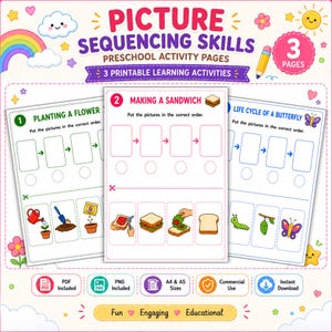 May include: Three printable preschool activity pages titled Picture Sequencing Skills. The pages feature exercises for planting a flower, making a sandwich, and the life cycle of a butterfly, each with empty boxes for ordering images and circular spaces.