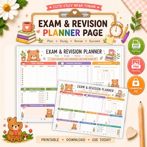 Può includere: Una pagina stampabile per la pianificazione di esami e ripassi con un tema a orsetti. Il layout include sezioni per il calendario degli esami, il programma di ripasso, il conto alla rovescia e una sezione motivazionale con illustrazioni.