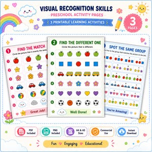 Visual Recognition Skills Preschool Activity Pages - Visual Discrimination Worksheets - A4 & A5 - PDF + PNG Files