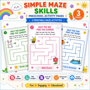 May include: Three printable preschool activity pages featuring simple maze games. The sheets include tasks to help a bunny find a carrot, a bee find a flower, and a fish find a pond. The colourful designs feature cartoon animals, flowers, and clouds.
