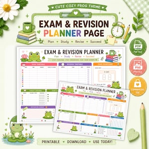 Puede incluir: Una página imprimible de planificador de exámenes y revisiones con temática de ranas, que incluye ilustraciones de ranas, libros y un reloj. El planificador contiene secciones para horarios de exámenes, cronogramas de estudio y cuentas regresivas.