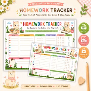 Alpaca Läxa Tracker - Utskrivbar Uppgiftsplanerare - A4 & A5 Liggande - PDF + PNG-filer