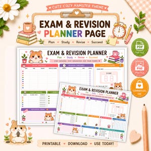 Puede incluir: Una página imprimible de planificador de exámenes y revisiones con temática de hámster, que incluye secciones para horarios, resúmenes de materias y cuentas regresivas, con ilustraciones de hámsteres, libros y tazas de colores.