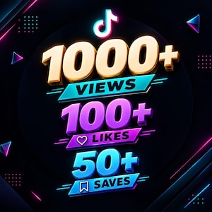 Pode incluir: Um gráfico digital apresentando o logotipo do TikTok acima do texto 1000+ VIEWS em dourado, 100+ LIKES em roxo com um ícone de coração e 50+ SAVES em azul com um ícone de marcador, em um fundo escuro com detalhes geométricos em neon.