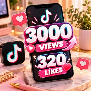 May include: A smartphone screen displaying a TikTok interface with the text 3000 VIEWS and 320 LIKES in bold white font. The graphic includes the TikTok logo, pink heart notification icons, and a pink arrow pointing upward on a dark background.