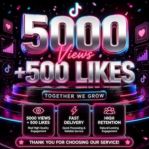 Puede incluir: Un gráfico digital con el texto 5000 VIEWS + 500 LIKES en grandes letras cromadas con acentos rosa neón. Debajo, una plataforma muestra TOGETHER WE GROW y tres recuadros que detallan servicios como FAST DELIVERY y HIGH RETENTION.