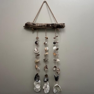May include: A wall hanging featuring a piece of weathered driftwood suspended by a jute rope. Three vertical strands of jute hang from the wood, each decorated with a variety of natural seashells in shades of white, grey, brown, and black.