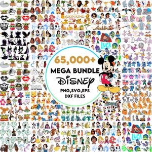 May include: A digital collection of over 65,000 Disney character graphics in PNG, SVG, EPS, and DXF formats. The central circular graphic features the text 65,000+ MEGA BUNDLE DISNEY PNG, SVG, EPS DXF FILES with a cartoon mouse illustration.