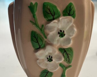 Vintage Square Base Hull Pottery Rosella Flower Vase Pink Rose Green Stems White Flower Design marked R2 on the bottom dates back to 1948