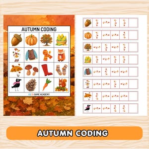 May include: An educational worksheet titled AUTUMN CODING featuring a grid of seasonal icons like acorns, pumpkins, and foxes, alongside a sequence activity with arrows. The bottom of the grid displays the text ASEN GAME ACADEMY in a clear font.