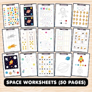May include: A collection of fifty educational space-themed worksheets featuring colorful illustrations of planets, rockets, astronauts, and stars. The pages include activities like counting, tracing lines, pattern matching, coloring, and identifying differences.