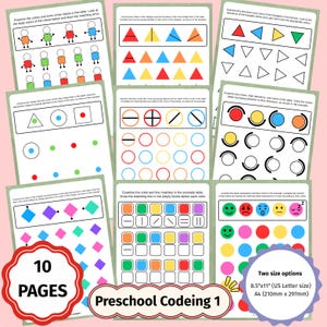 Può includere: Un set di 10 schede didattiche di coding per la scuola dell'infanzia con forme geometriche colorate, robot ed espressioni facciali. Le pagine includono puzzle logici con cerchi, triangoli e linee, disponibili nel formato A4 210mm x 297mm.