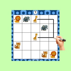 May include: A square grid puzzle featuring cartoon animals including a lion, elephant, giraffe, and tiger in various cells. The grid has a blue border with circles and the number 1 at the top. Text at the bottom reads asengameacademy.