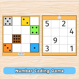 May include: A number coding game featuring two square grids. The left grid contains colored squares with black dots representing numbers. The right grid is a numerical puzzle with the number 1 at the top and the text ASEN GAME ADACEMY below.