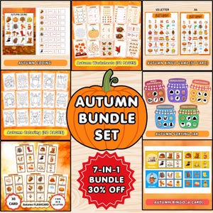 May include: A digital educational bundle set featuring autumn-themed activities including coding sheets, worksheets, bingo games, coloring pages, sorting jars, and flashcards. The central graphic is a large orange pumpkin with the text Autumn Bundle Set.