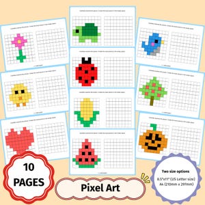 Op de afbeelding: Een set van 10 pixel art werkbladen met raster-gebaseerde tekenoefeningen, waaronder ontwerpen zoals een bloem, schildpad, vogel, lieveheersbeestje, kuiken, boom, hart, maïs, watermeloen en pompoen. Inclusief tekst en twee formaten: 210mm x 297mm.