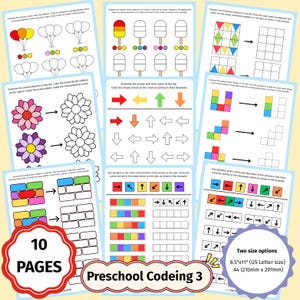 May include: A 10-page preschool coding activity set featuring worksheets with patterns, colours, and directional arrows. The pages include exercises for colouring balloons, ice cream, flowers, and blocks, plus arrow charts. Includes 210mm x 297mm size option.
