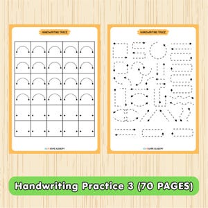 Pode incluir: Duas folhas de exercícios educativas brancas intituladas Handwriting Trace com bordas laranja. A folha esquerda apresenta linhas de semicírculos tracejados e pontos. A direita mostra várias formas e setas tracejadas. Ambas incluem o texto ASEN GAME ACADEMY.