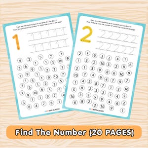 May include: Two educational worksheets with light blue borders featuring number tracing exercises for 1 and 2. Each page includes dashed lines for writing practice and a grid of circles containing various numbers to identify and color.