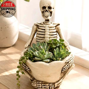 May include: A cream-colored skeleton figurine holding a bowl-shaped planter. The skeleton has a detailed skull and ribcage. Inside the bowl are several green succulent plants, including a trailing string of pearls plant with small round leaves.