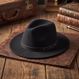 May include: A black fedora hat with a wide brim and a structured crown. The hat features a black leather-like band around the base, accented with silver-toned metal eyelets and white stitching detail along the edges of the band.