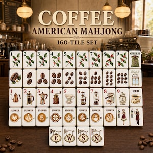 May include: A 160-tile American Mahjong set with a coffee theme. The tiles feature illustrations of coffee branches, beans, brewing equipment, latte art, and Joker tiles. The text reads COFFEE AMERICAN MAHJONG 160-TILE SET, GREEN, SOAP, RED, FLOWER, JOKER, E, W, S, N.