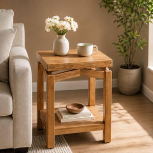 Solid Wood Side Table, Farmhouse End Table with 2 Tier Storage, Square Bedside Nightstand, Rustic Accent Table, Small Space Furniture
