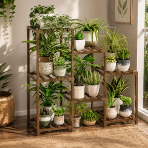 May include: A multi-tiered wooden plant stand with a dark brown finish, featuring various green houseplants in assorted ceramic and textured pots. The structure has multiple levels and square shelves, holding a diverse collection of foliage.