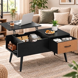 May include: A black lift-top coffee table with four tapered legs, featuring an elevated workspace, an open storage compartment containing various items, and a single pull-out drawer with a light brown front panel and a black handle.