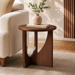 Solid Wood Round Side Table, Walnut Brown Small End Table, Curved U-Shaped Base