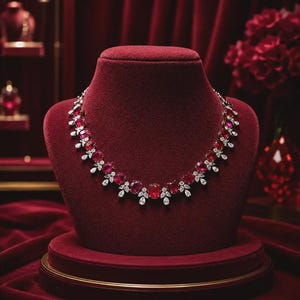 Puede incluir: Un collar que presenta una serie de piedras preciosas rojas de corte ovalado alternadas con grupos de pequeñas piedras claras en forma de pera, engastadas en una estructura metálica. La pieza se exhibe sobre un busto de textura aterciopelada.