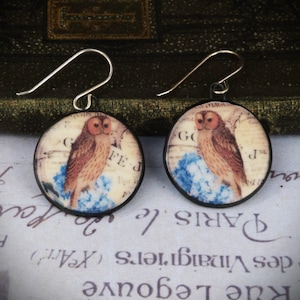 May include: A pair of round drop earrings featuring a brown owl illustration perched on blue floral accents against a background of vintage-style script text. The earrings have silver-toned metal hooks and a dark circular frame surrounding the image.