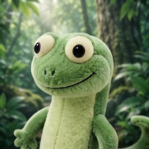 Puede incluir: Un juguete de peluche con forma de lagarto que presenta pelaje verde suave, un vientre de color verde más claro y dos ojos grandes, redondos y de color crema con pupilas negras. La criatura tiene una boca cosida y una textura peluda.