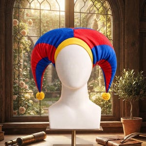 May include: A jester hat featuring a vibrant color scheme of red and blue fabric panels, accented by a bright yellow band across the forehead and two matching yellow pom-poms hanging from the pointed ends of the hat, displayed on a white mannequin.